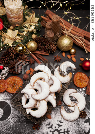 Traditional German or Austrian Vanillekipferl vanilla kipferl cookies on wooden table 86590163