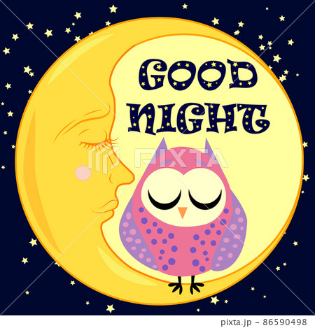 Good night. Postcard with a dormant crescent, a cute cartoon owl and text. 86590498