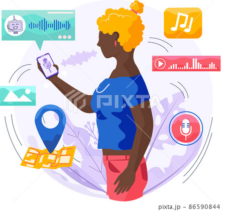 Speaker recognition, vote controlled smart speaker. Woman voice activated digital assistants, identification 86590844