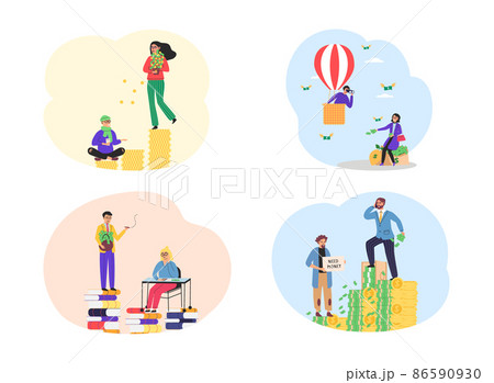 Richness and poverty illustrations set. Rich happy man has a lot of money, poor woman counts savings Richness and poverty illustrations set. Rich happy man has a lot of money, poor woman counts savings 86590930