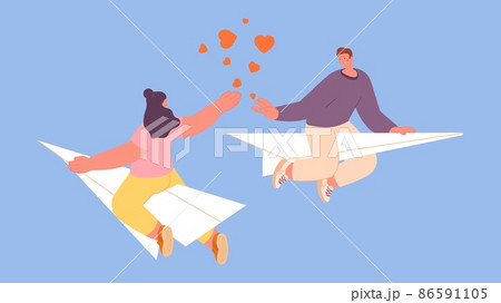 Woman man flying on paper plane. Fleeting infatuation, sympathy and falling in love. People fly on diverse ways. Romantic relationships is end vector concept 86591105
