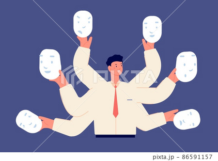 Fake businessman faces. Different mood, liar in business. Office manager choose moods and hold masks in hands, vector illustration Fake businessman faces. Different mood, liar in business. Office manager choose moods and hold masks in hands, vector illustration 86591157