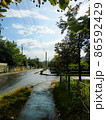 view from under the crown of a lime tree on the summer street of the village wet after the rain 86592429