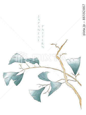 Art natural with branch of ginkgo leaves element. Japanese background with watercolor texture vector. Branch with leaves decoration in vintage style. Art natural with branch of ginkgo leaves element. Japanese background with watercolor texture vector. Branch with leaves decoration in vintage style. 86592867