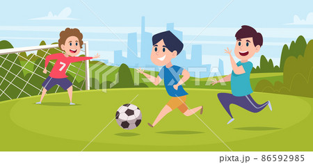 Boys playing football. Running outdoor kids with football ball on grass exact vector cartoon background 86592985