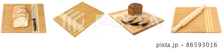 Breadboard for cutting bread, rolling pin and bread isolated on white 86593016