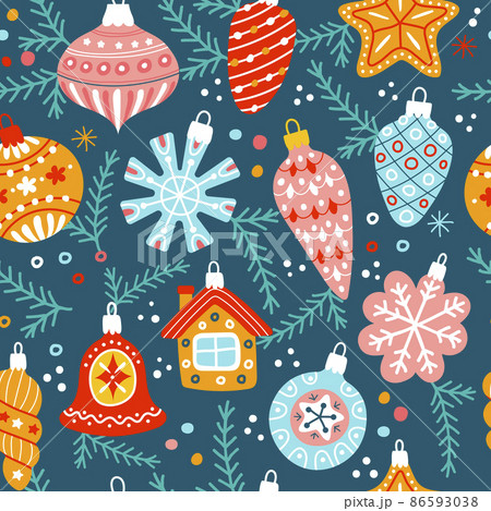 Xmas pattern. Gifts backgrounds with christmas decorative ornamental toys round balls and bells holiday textures recent vector seamless design for textile projects Xmas pattern. Gifts backgrounds with christmas decorative ornamental toys round balls and bells holiday textures recent vector seamless design for textile projects 86593038