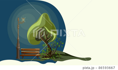 Vector image of a single tree under the illumination of a lantern in the autumn and summer in the evening. Ecological Stop for a passer-by with a bench Stylization. EPS 10 86593667