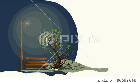 Vector image of a single tree under the illumination of a lantern in the autumn and summer in the evening. Ecological Stop for a passer-by with a bench Stylization. EPS 10 86593669