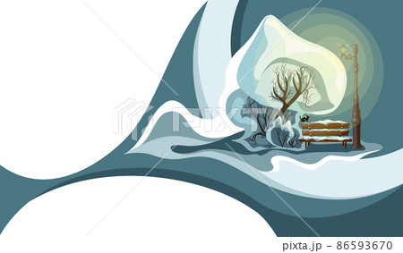 Vector image of a winter landscape. A tree with a bench under a luminous lantern. Ecological Stop for the passer-by. Stylization. EPS 10 86593670