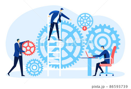 Business development process and financial mechanism. Manager working with laptop. Cartoon professional employees 86593739