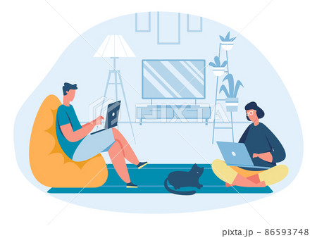 Work home freelance. Young man and woman working on laptop. Man sitting in chair in living room. Comfortable lifestyle 86593748