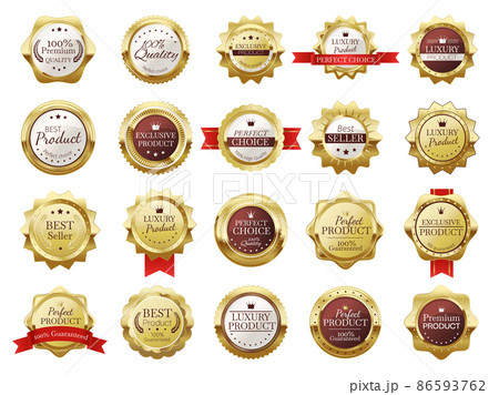 Premium quality emblems. Luxury exclusive product seal label for retail shop. Best seller golden medal 86593762