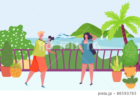 Photographer photographing model. Man taking photo of girl posing near sea. Cartoon woman having rest on seaside Photographer photographing model. Man taking photo of girl posing near sea. Cartoon woman having rest on seaside 86593765