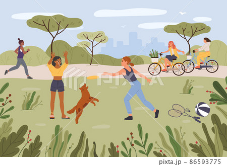 People relaxing in park. Girls playing frisbee with dog pet. Female friends riding bicycle with baskets People relaxing in park. Girls playing frisbee with dog pet. Female friends riding bicycle with baskets 86593775