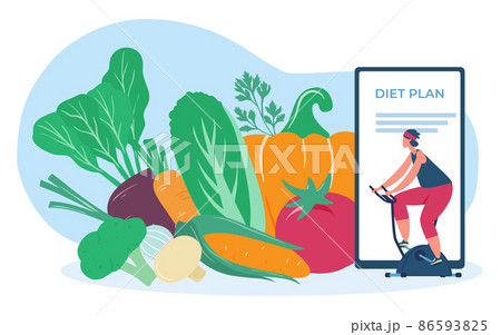 Online diet plan. Female character exercising on bicycle. Overweight woman eating healthy food, fresh vegetables Online diet plan. Female character exercising on bicycle. Overweight woman eating healthy food, fresh vegetables 86593825