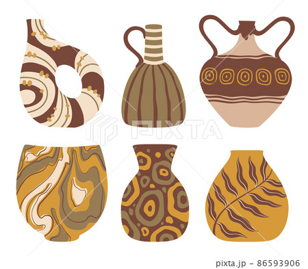 Ceramic vases with abstract and plant design. Crockery with handles, ancient vessels. Antique ethnic jug or pot 86593906
