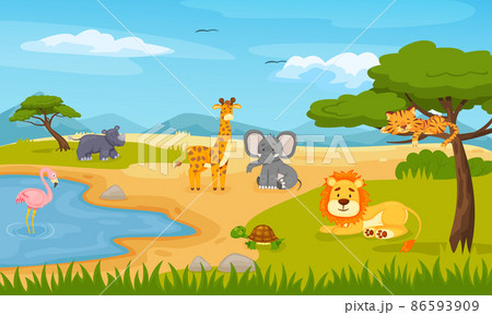 Cartoon wild animals in savannah. Outdoor environment, safari wildlife with pond for cute flamingo, giraffe, rhino Cartoon wild animals in savannah. Outdoor environment, safari wildlife with pond for cute flamingo, giraffe, rhino 86593909