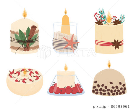 Burning candles with herbs, cinnamon, coffee beans for aromatherapy or spa. Handmade aromatic was candles 86593961