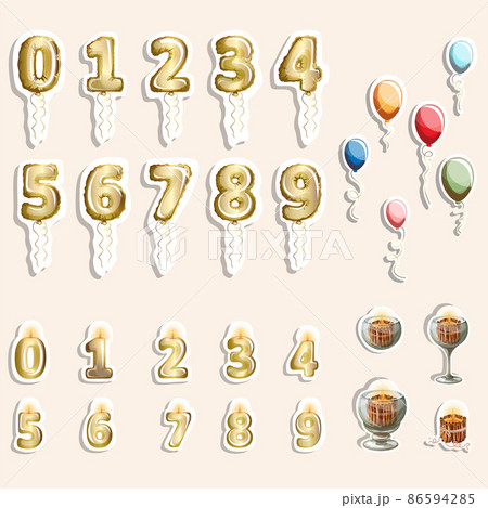 Vector image of holiday stickers with balloons and candles. Cartoon style. EPS 10 86594285