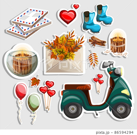 Vector image of stickers with elements symbolizing autumn, objects of memories and pleasant emotions associated with this season. Cartoon style. EPS 10 86594294