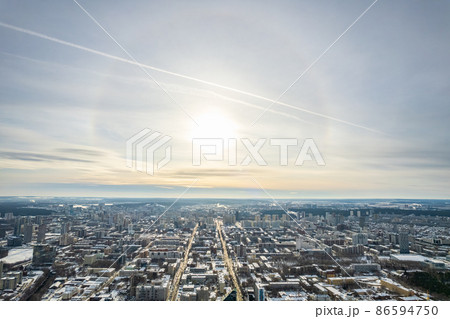 Yekaterinburg aerial panoramic view at Winter in cloudy day. Ekaterinburg is the fourth largest city in Russia located in the Eurasian continent on the border of Europe and Asia. 86594750