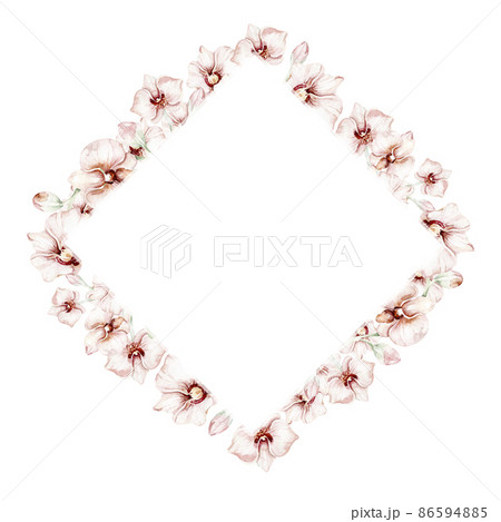 Watercolor floral frame wreath with gold orchid, cherry blossom, cotton head, palm leaves, beige and rose color, white, pink, vivid flowers, green leaves, for wedding greeting card. fashion background Watercolor floral frame wreath with gold orchid, cherry blossom, cotton head, palm leaves, beige and rose color, white, pink, vivid flowers, green leaves, for wedding greeting card. fashion background 86594885