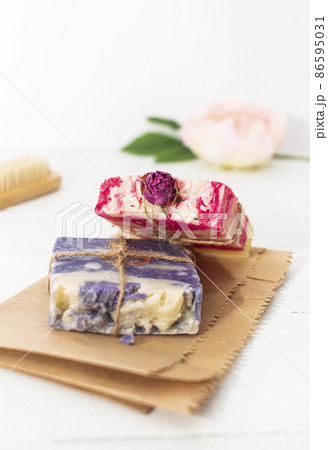 Handmade natural soap with rose and lavender on wooden background 86595031
