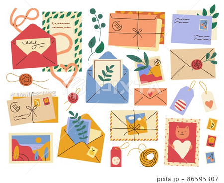 Letters and postcards. Postal paper elements. Closed or open envelopes. Herbarium and message. Handmade mail stamp. Twine or sealing wax. Post communication. Vector correspondence set 86595307