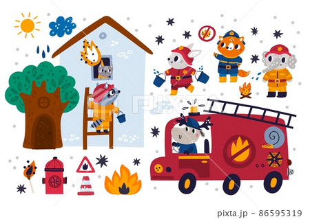 Firefighters tools. Cute animals in fire uniform with buckets of water extinguish ignition. Raccoon rescues kitten in burning house. Deer drives emergency truck. Vector firefighting set Firefighters tools. Cute animals in fire uniform with buckets of water extinguish ignition. Raccoon rescues kitten in burning house. Deer drives emergency truck. Vector firefighting set 86595319