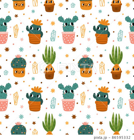 Cute cactus seamless pattern. Cartoon print with kawaii cacti in flower pots. Kids floral theme. Happy houseplants. Succulents and bulbous plants with pretty muzzles. Vector background Cute cactus seamless pattern. Cartoon print with kawaii cacti in flower pots. Kids floral theme. Happy houseplants. Succulents and bulbous plants with pretty muzzles. Vector background 86595332