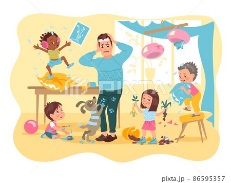 Angry stressed dad with naughty kids. Destructive children activities. Room mess. Bad behavior. Friends hyperactivity. Babies breaking and spoiling home. Fidgets destroy. Vector concept 86595357