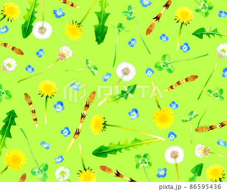 春の草花のランダムな背景素材 かわいい手描き水彩イラストのイラスト素材