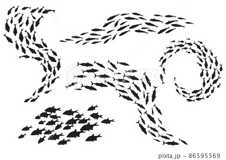 School fish silhouette. Group sea shoal small fishes swim in circle, shoaling and schooling ocean life, underwater ecosystem deep marine animals, plenty tuna, set black neat icons 86595569