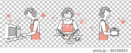キッチンで家事をする年輩女性のセット（レンジでチンする　ボウルで和える　鍋を運ぶ） 86596663