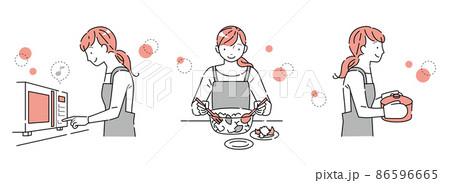 キッチンで家事をする女性のセット（レンジでチンする　ボウルで和える　鍋を運ぶ） 86596665