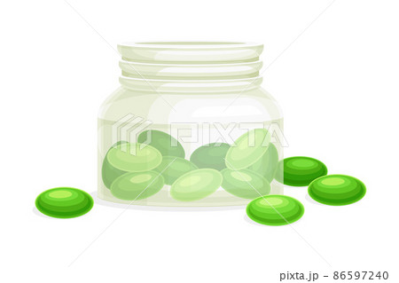 Spirulina dietary supplement in tablets. Healthy organic product, antioxidant superfood vector illustration 86597240