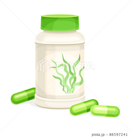 Spirulina dietary supplement in capsules. Healthy organic product, antioxidant superfood vector illustration Spirulina dietary supplement in capsules. Healthy organic product, antioxidant superfood vector illustration 86597241