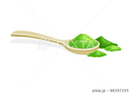 Spoon of spirulina powder. Organic dietary supplement, antioxidant superfood vector illustration Spoon of spirulina powder. Organic dietary supplement, antioxidant superfood vector illustration 86597245
