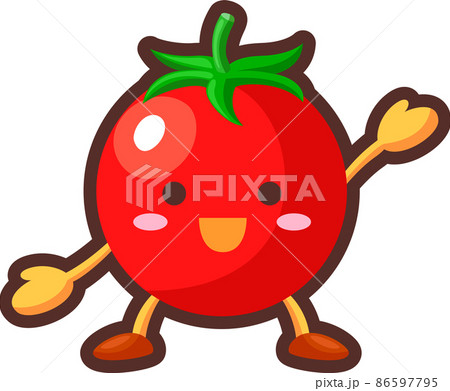 片手を挙げるかわいいミニトマトのキャラクターのイラストのイラスト素材