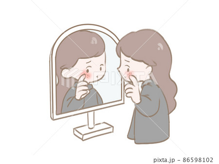 鏡を見て肌荒れを気にする女性のイラスト 86598102