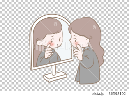 鏡を見て肌荒れを気にする女性のイラスト 86598102