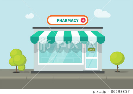 Pharmacy store building vector or small medical pharmacist storefront shop facade window on street road flat cartoon illustration, drugstore front exterior shopfront exterior 86598357