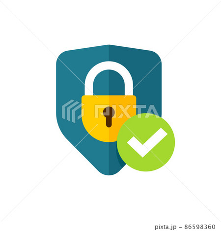 Secure icon with lock shield and check mark as flat logo design as internet antivirus guard private protection badge, encryption network access safety padlock concept blue yellow color 86598360