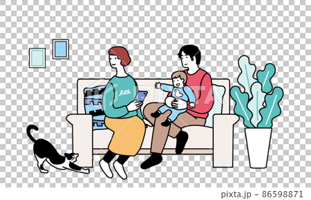 ソファに座る家族のイラスト　スマートフォンをもつ女性のイラスト 86598871