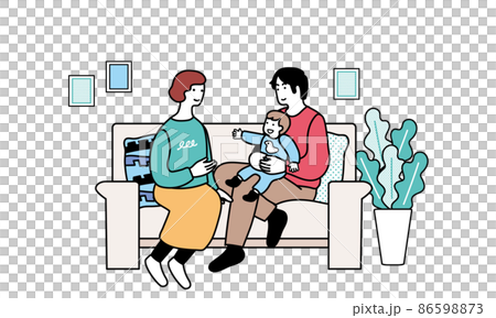 ソファに座る赤ちゃんと家族の笑顔のイラスト 86598873