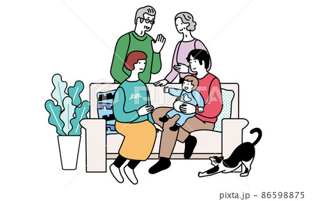 ソファに座る赤ちゃんと家族の笑顔のイラスト 86598875