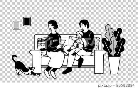 ソファに座る家族のイラスト　スマートフォンをもつ女性のイラスト 86598884