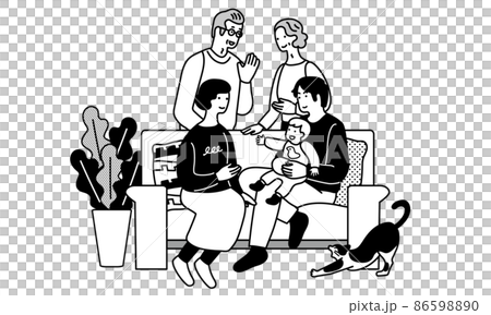 Monochrome illustration of a baby sitting on the sofa and the smiling face of his family Monochrome illustration of a baby sitting on the sofa and the smiling face of his family 86598890