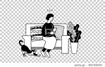 一個女人坐在沙發上拿著智能手機的插圖 一個女人坐在沙發上拿著智能手機的插圖 86598893